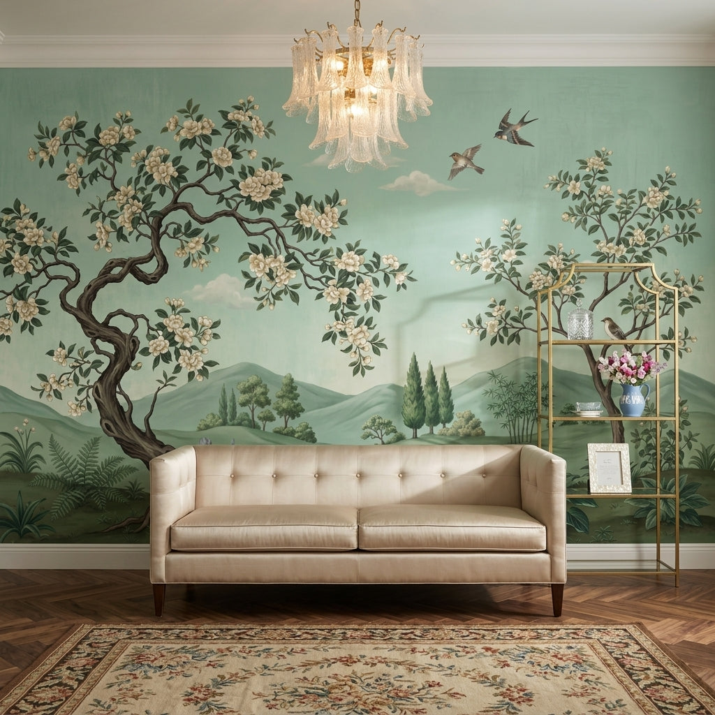 Green Landscape Mural Wallpaper Floral Blossoming Trees Birds In Flight Removable Wall Decor