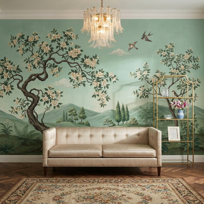 Green Landscape Mural Wallpaper Floral Blossoming Trees Birds In Flight Removable Wall Decor