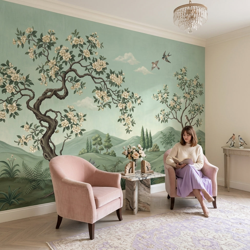 Green Landscape Mural Wallpaper Floral Blossoming Trees Birds In Flight Removable Wall Decor