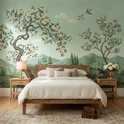 Green Landscape Mural Wallpaper Floral Blossoming Trees Birds In Flight Removable Wall Decor