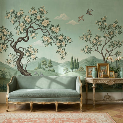 Green Landscape Mural Wallpaper Floral Blossoming Trees Birds In Flight Removable Wall Decor