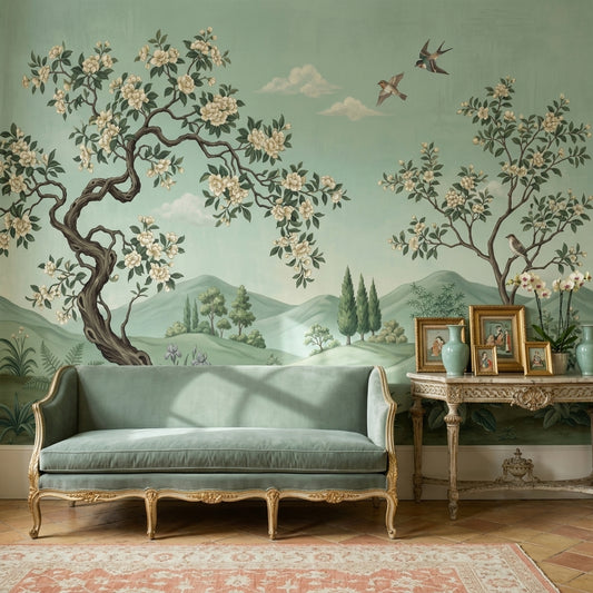 Green Landscape Mural Wallpaper Floral Blossoming Trees Birds In Flight Removable Wall Decor