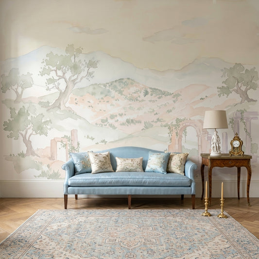 Pastoral Landscape Wallpaper Watercolor Mural Mediterranean Countryside Removable Wall Decor