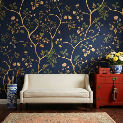Dark Navy Background Wallpaper Gold Branches Botanical Floral Wall Mural