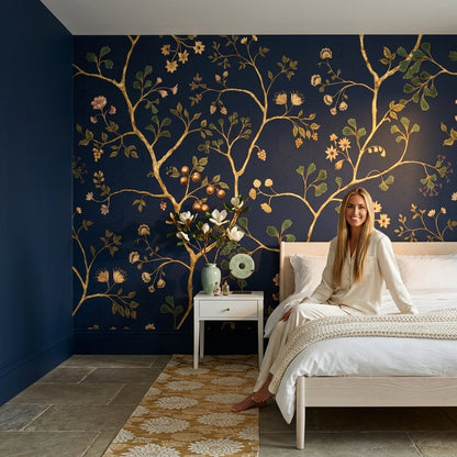 Dark Navy Background Wallpaper Gold Branches Botanical Floral Wall Mural