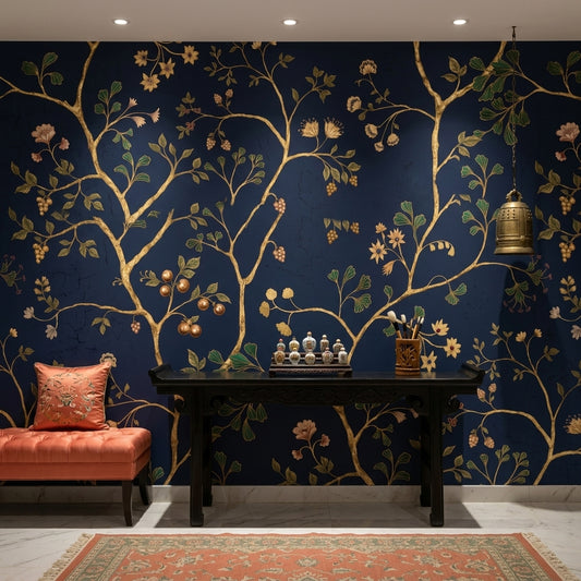 Dark Navy Background Wallpaper Gold Branches Botanical Floral Wall Mural