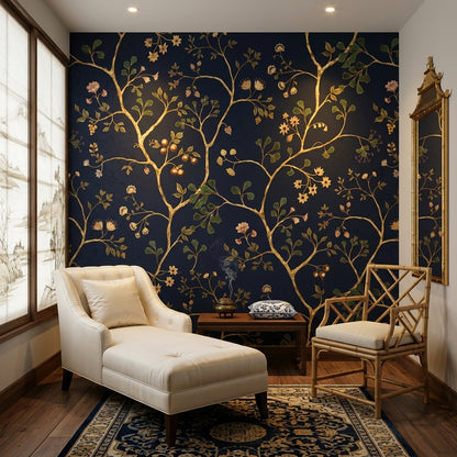 Dark Navy Background Wallpaper Gold Branches Botanical Floral Wall Mural