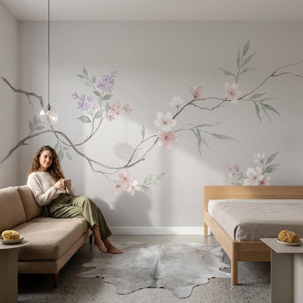 Cherry Blossom Wallpaper Floral Branch Removable Soft Pastel Wall Decor