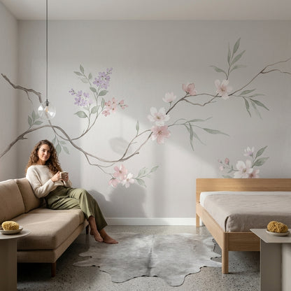 Cherry Blossom Wallpaper Floral Branch Removable Soft Pastel Wall Decor