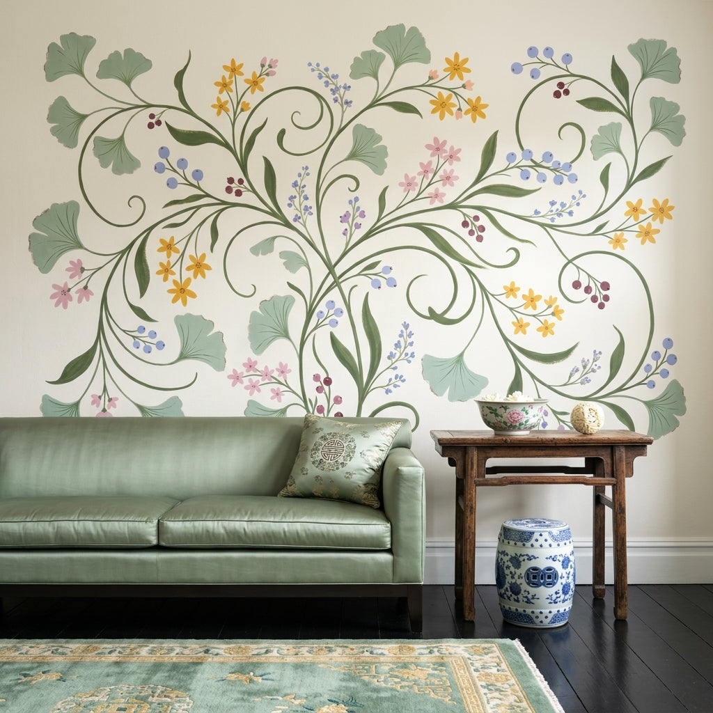 White Background Wallpaper Neutral Botanical Removable Wall Decor