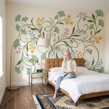 White Background Wallpaper Neutral Botanical Removable Wall Decor