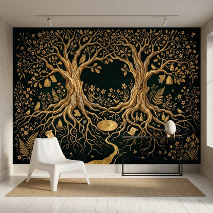 Enchanted Forest Wallpaper Black And Gold Tree Of Life Wall Mural