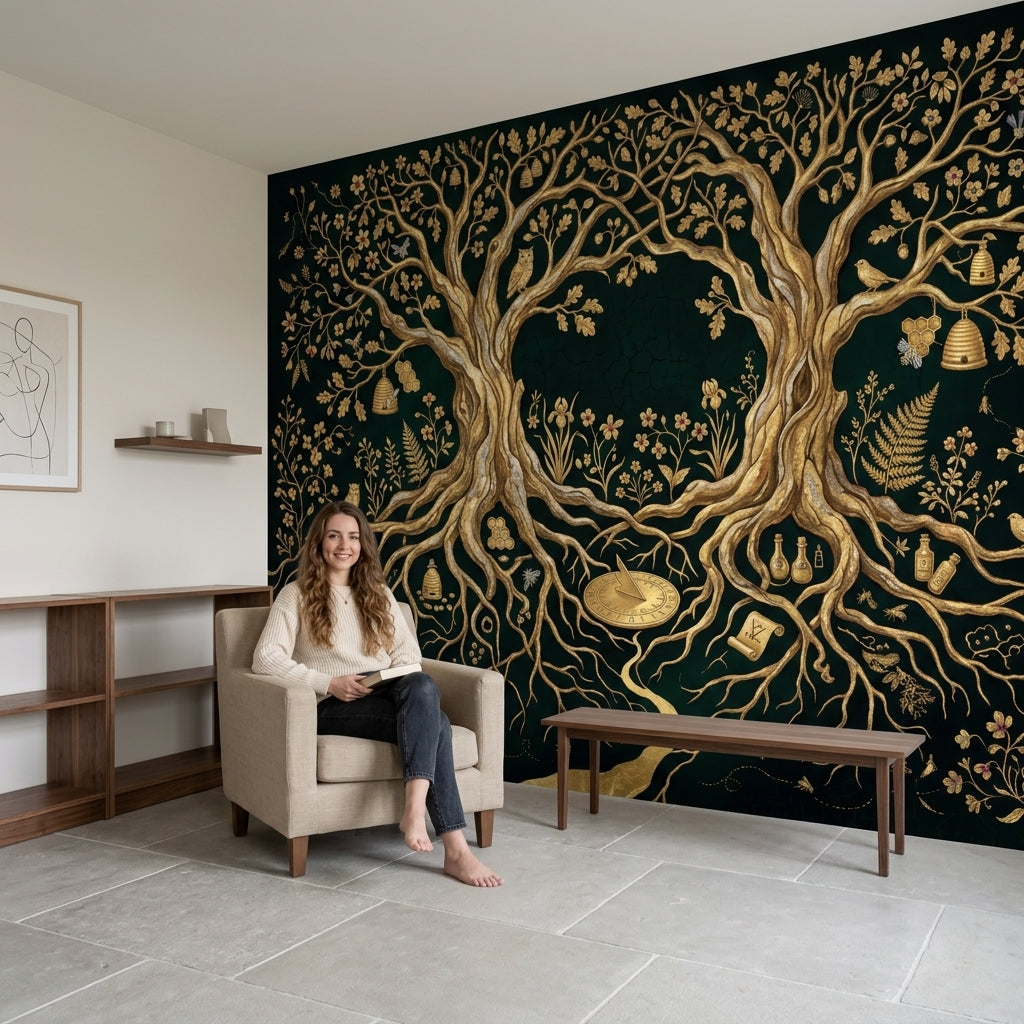Enchanted Forest Wallpaper Black And Gold Tree Of Life Wall Mural