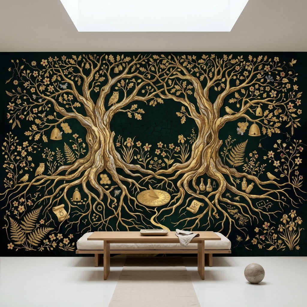 Enchanted Forest Wallpaper Black And Gold Tree Of Life Wall Mural