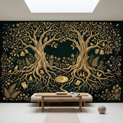 Enchanted Forest Wallpaper Black And Gold Tree Of Life Wall Mural