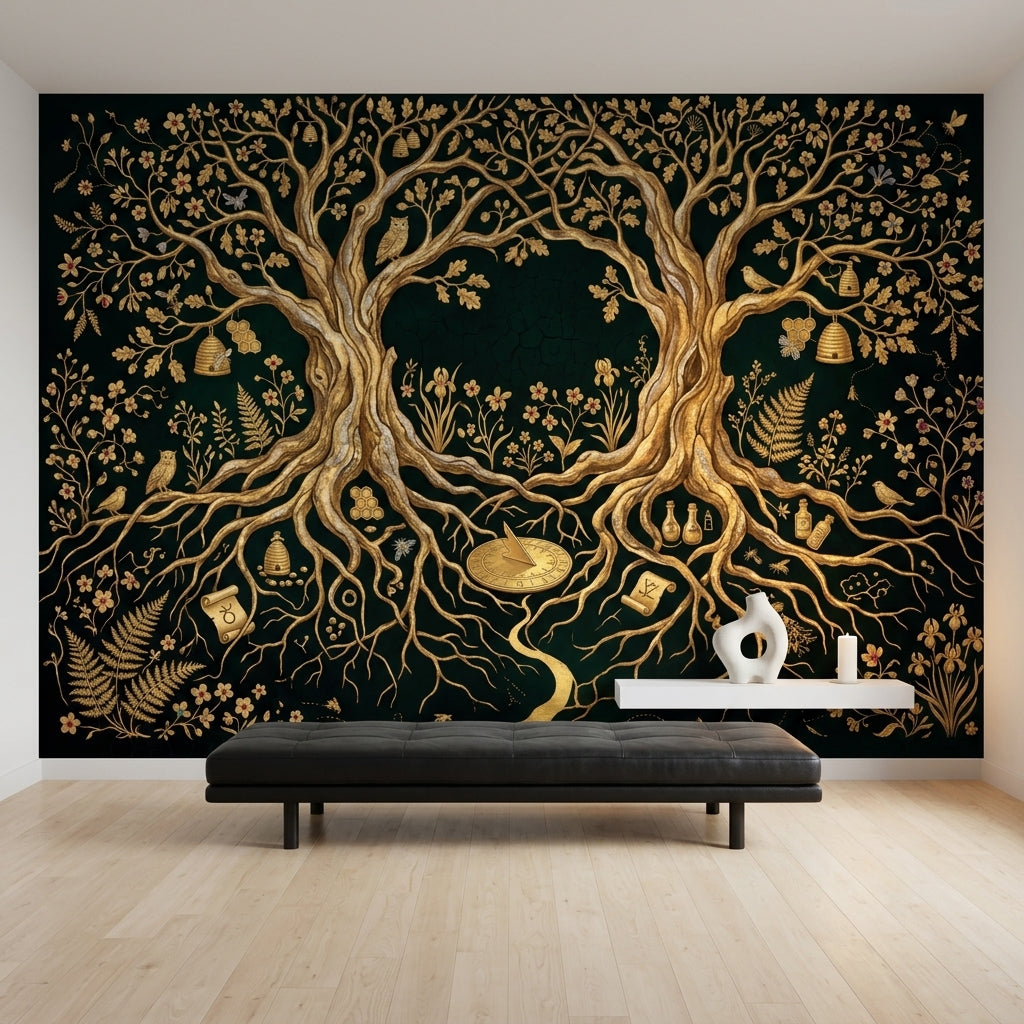 Enchanted Forest Wallpaper Black And Gold Tree Of Life Wall Mural