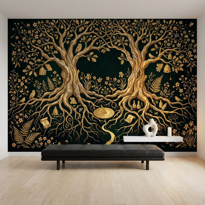 Enchanted Forest Wallpaper Black And Gold Tree Of Life Wall Mural