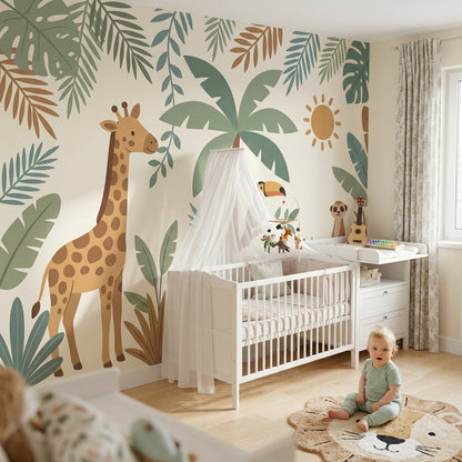 Nursery Wallpaper Tropical Jungle Giraffe Removable Wall Decor