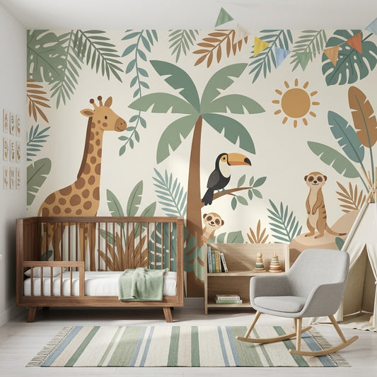 Nursery Wallpaper Tropical Jungle Giraffe Removable Wall Decor