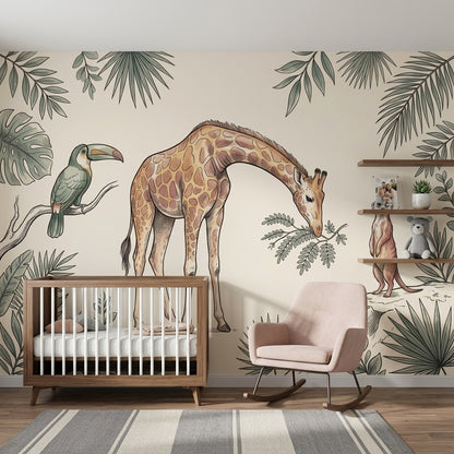 Muted Green Wallpaper Safari Nursery Removable Tropical Jungle Wall Decor