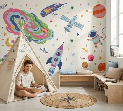 White Background Wallpaper Astronaut Floating Removable Wall Decor