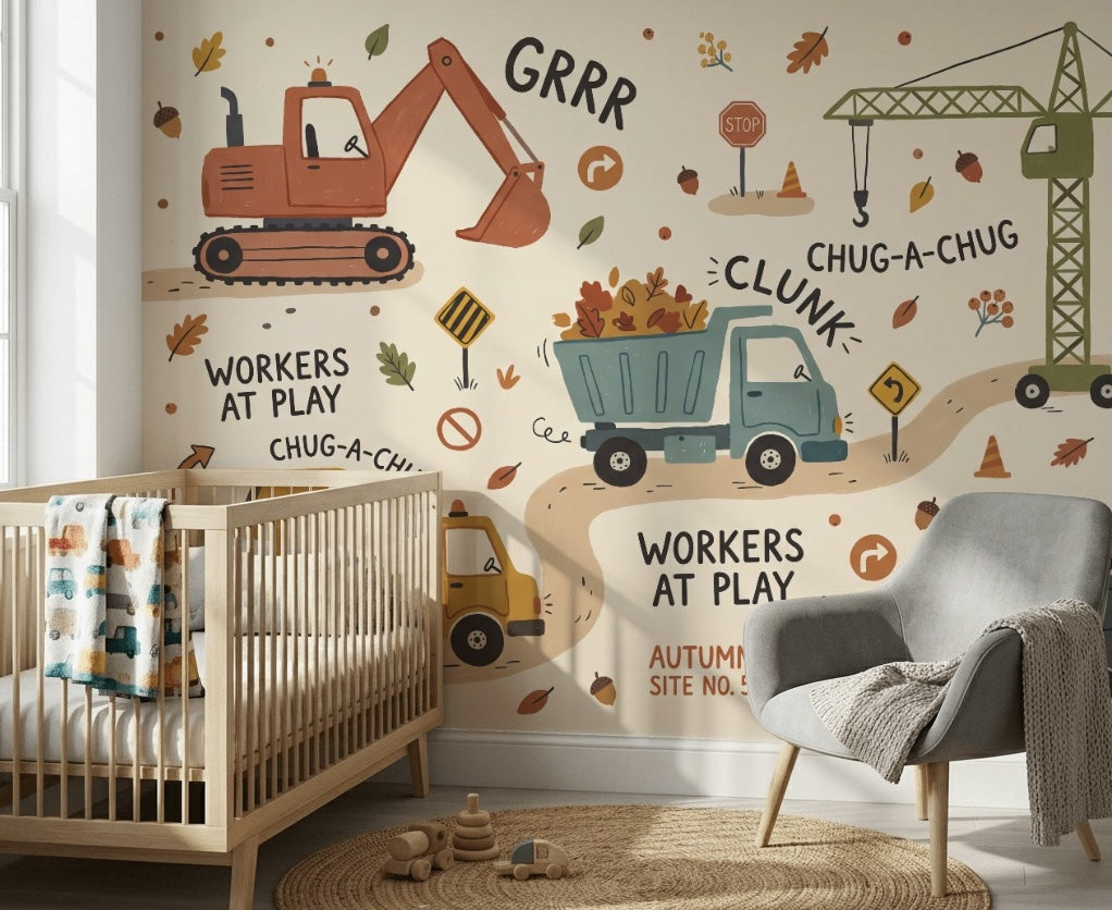 Construction Vehicles Wallpaper Autumn Removable Kids Wallpaper Wall Decor