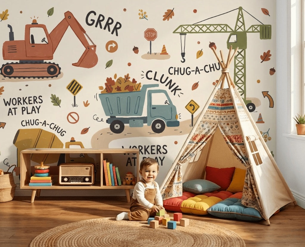 Construction Vehicles Wallpaper Autumn Removable Kids Wallpaper Wall Decor