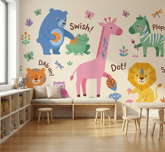 Kids Wallpaper Cartoon Animals Playful Wall Mural