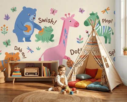 Kids Wallpaper Cartoon Animals Playful Wall Mural