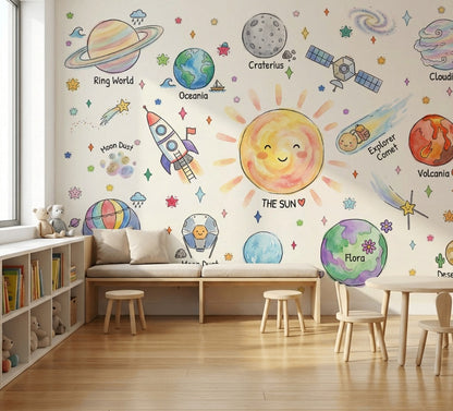 Space Wallpaper Planets Removable Sun Wall Decor