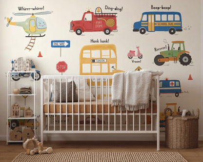 Kids Vehicles Wallpaper Transportation Cartoon Removable Wall Decor