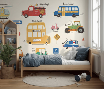 Kids Vehicles Wallpaper Transportation Cartoon Removable Wall Decor