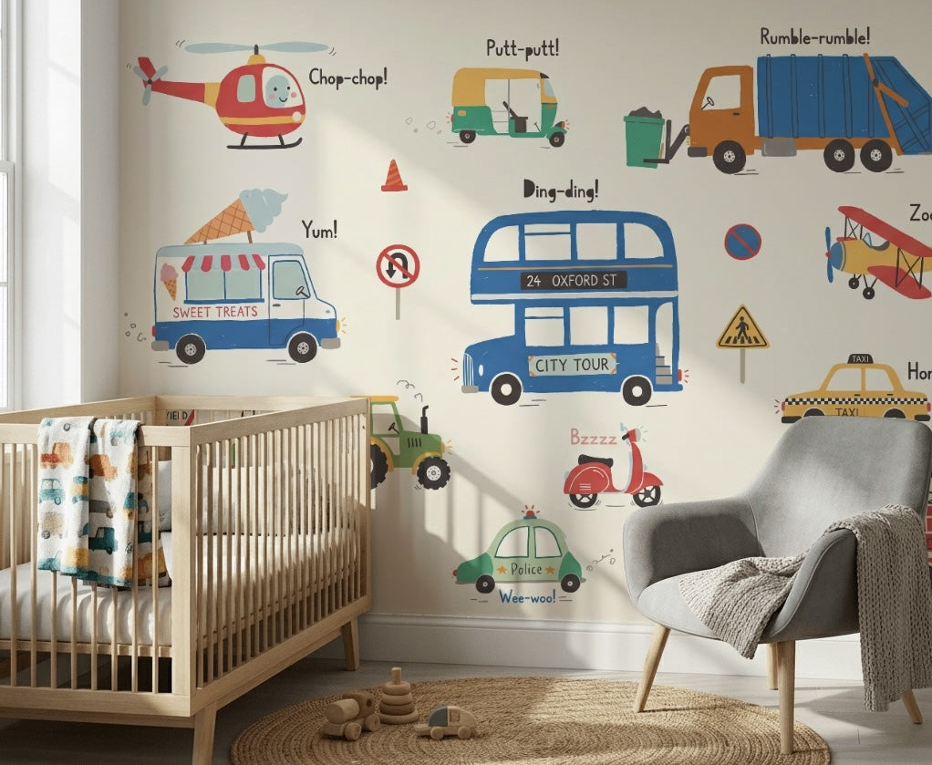 Kids Transportation Wallpaper Vehicles Removable Cartoon Illustration Wall Decor
