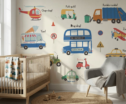 Kids Transportation Wallpaper Vehicles Removable Cartoon Illustration Wall Decor