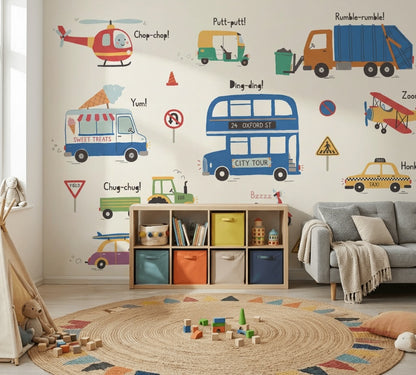 Kids Transportation Wallpaper Vehicles Removable Cartoon Illustration Wall Decor