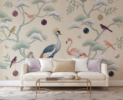 Chinoiserie Wallpaper Cream Background Removable Birds Wall Decor