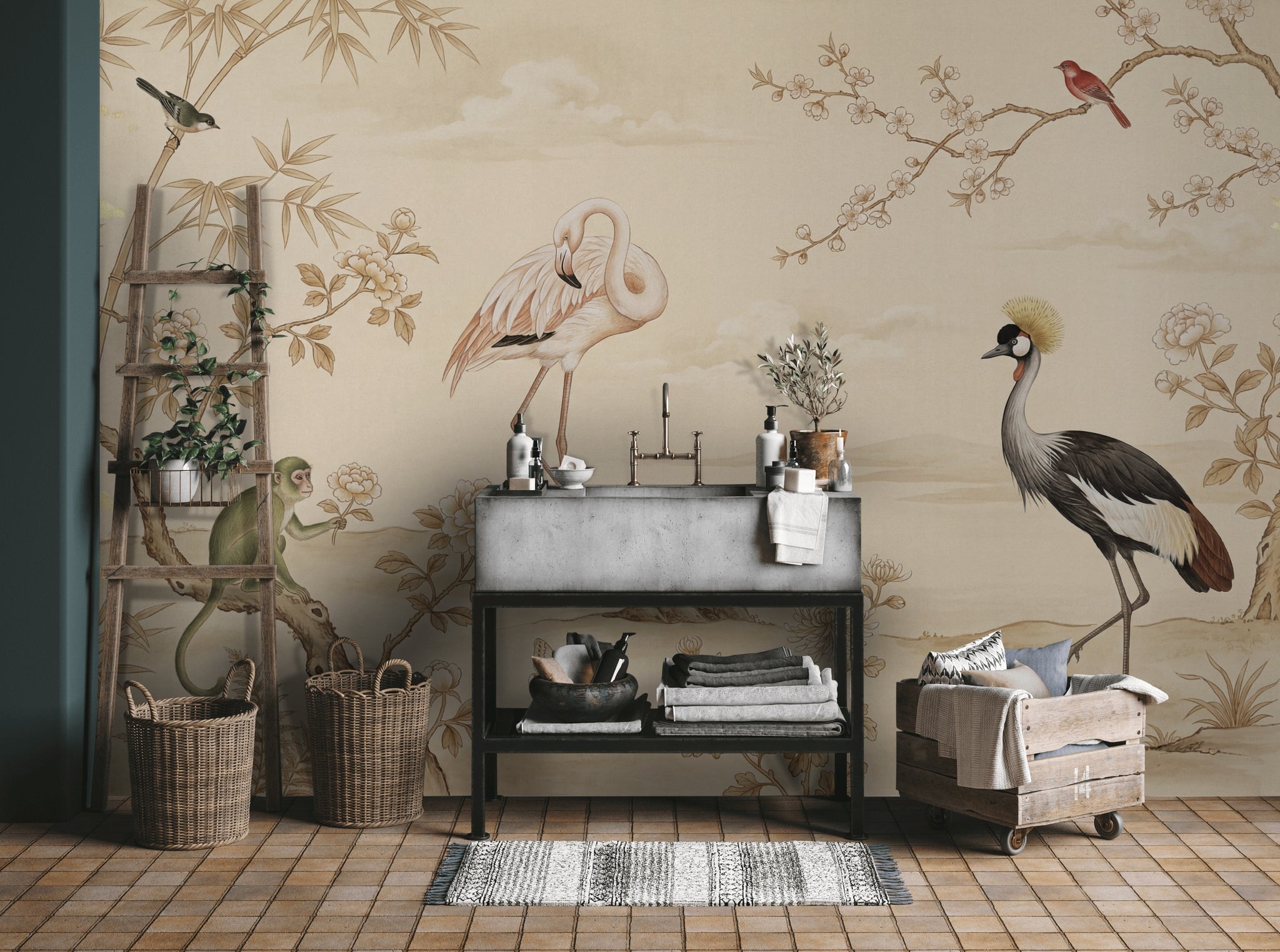 Landscape Mural Wallpaper Bamboo Flamingo Removable Wall Decor