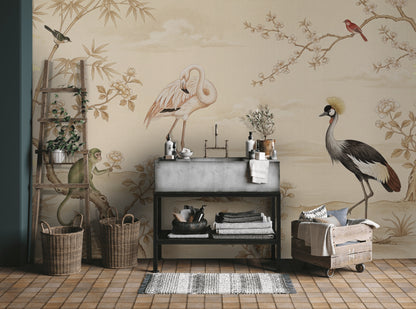 Landscape Mural Wallpaper Bamboo Flamingo Removable Wall Decor