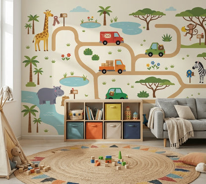 Cartoon Map Wallpaper Bright Safari Removable Wall Decor