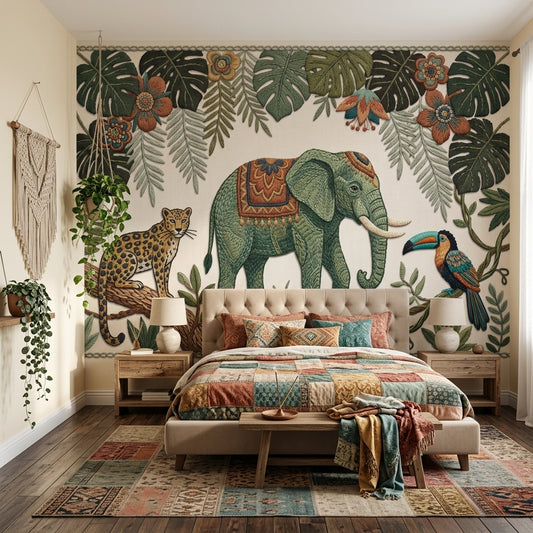 Embroidered Wallpaper Elephant Tropical Removable Wall Decor
