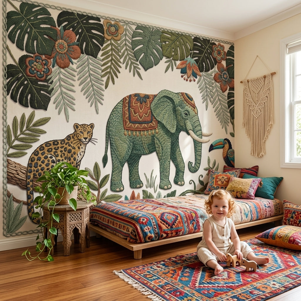 Embroidered Wallpaper Elephant Tropical Removable Wall Decor