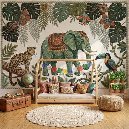 Embroidered Wallpaper Elephant Tropical Removable Wall Decor