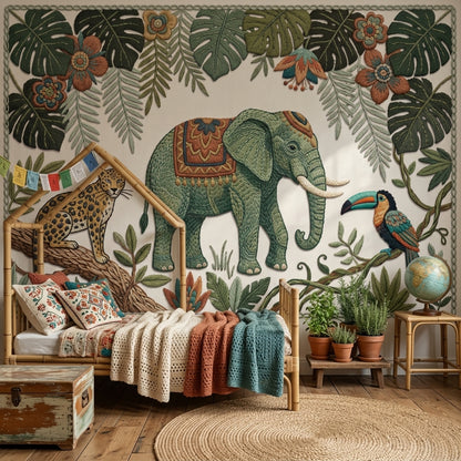 Embroidered Wallpaper Elephant Tropical Removable Wall Decor