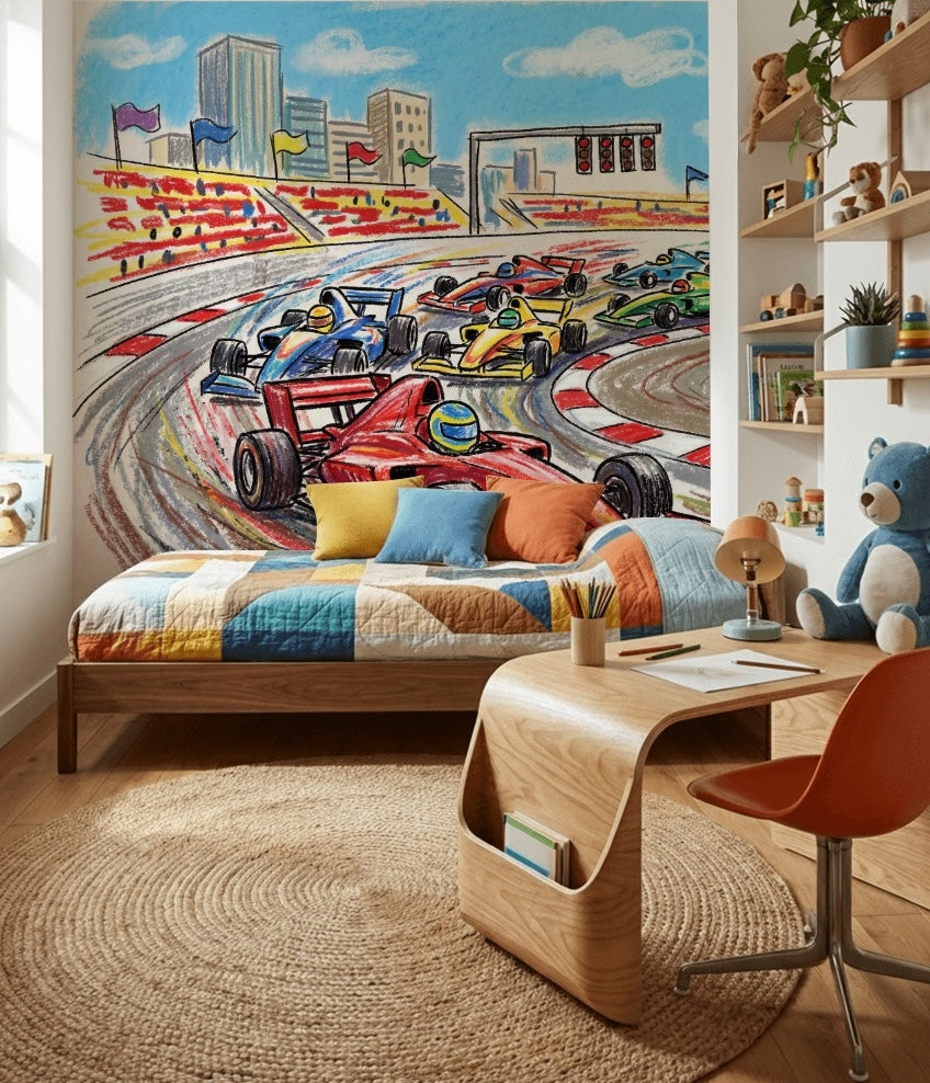 Race Track Wallpaper Formula Car City Skyline Wall Mural