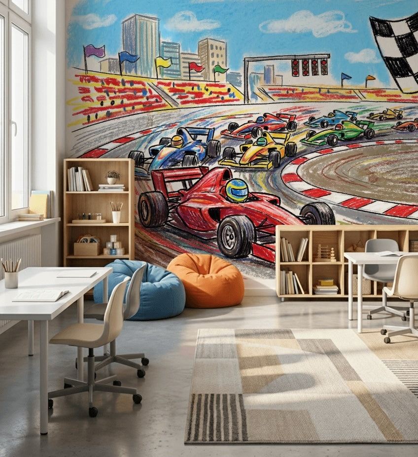 Race Track Wallpaper Formula Car City Skyline Wall Mural