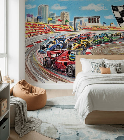 Race Track Wallpaper Formula Car City Skyline Wall Mural
