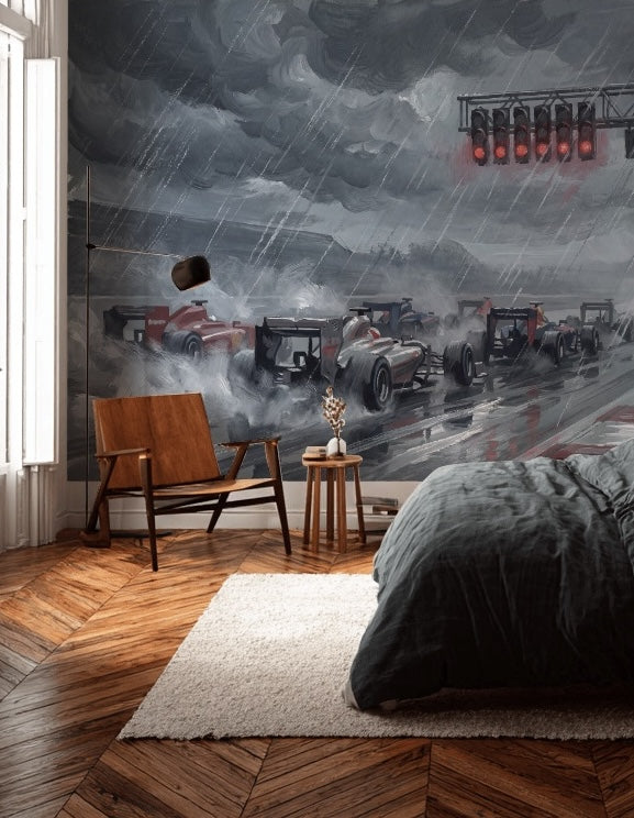 Formula Racing Cars Wallpaper Rainstorm Racetrack Removable Wall Decor