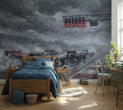 Formula Racing Cars Wallpaper Rainstorm Racetrack Removable Wall Decor