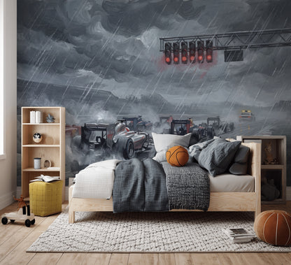 Formula Racing Cars Wallpaper Rainstorm Racetrack Removable Wall Decor