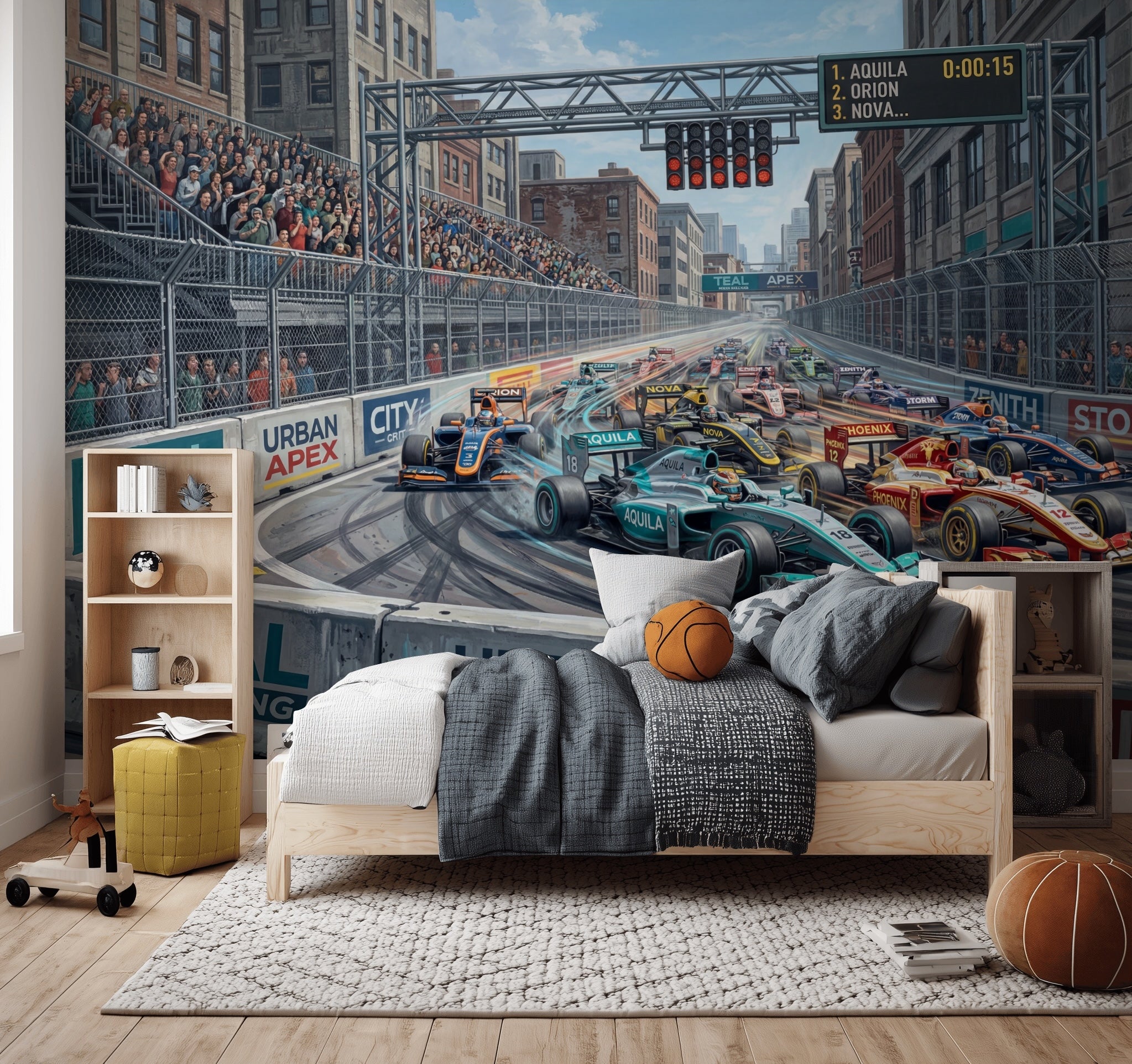 Urban Street Circuit Wallpaper Formula Race Cars Removable City Landscape Wall Decor